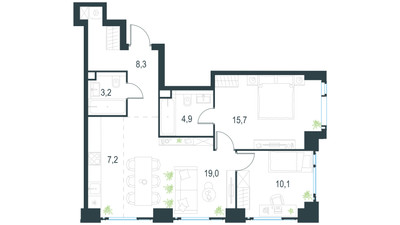Планировка трехкомнатной(квартира) площадью 68.4 квадратных метров в ЖК “ЖК Левел Мичуринский”