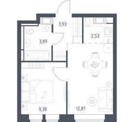 Планировка однокомнатной(квартира) площадью 32.54 квадратных метров в ЖК “ЖК Большое Путилково”