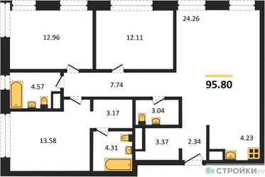 Планировка трехкомнатной(квартира) площадью 95.8 квадратных метров в ЖК “ЖК Собрание клубных домов West Garden (Вест Гарден)”