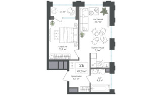Планировка двухкомнатной(квартира) площадью 45.9 квадратных метров в “ЖК Михалковский”