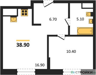 Планировка однокомнатной(квартира) площадью 38.9 квадратных метров в ЖК “ЖК Детали”