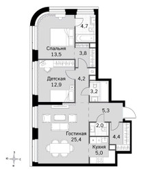Планировка трехкомнатной(квартира) площадью 84.4 квадратных метров в ЖК “ЖК Amber City (Амбер Сити)”