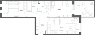 Планировка трехкомнатной(квартира) площадью 58.6 квадратных метров в ЖК “ЖК Равновесие”