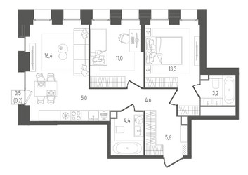 Планировка двухкомнатной(квартира) площадью 63.7 квадратных метров в ЖК “ЖК Pave (Пэйв)”