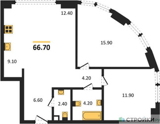 Планировка двухкомнатной(квартира) площадью 66.7 квадратных метров в ЖК “ЖК АЛИА”