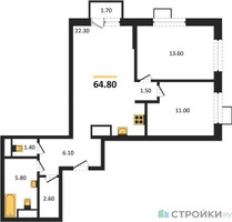 Планировка двухкомнатной(квартира) площадью 64.8 квадратных метров в “ЖК Foreville (Форевилль)”