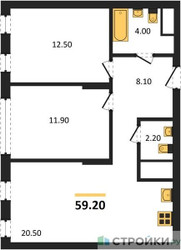 Планировка двухкомнатной(квартира) площадью 59.2 квадратных метров в ЖК “ЖК Переделкино Ближнее”