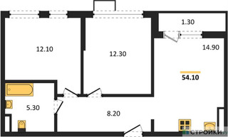 Планировка двухкомнатной(квартира) площадью 54.1 квадратных метров в “ЖК Южные сады”