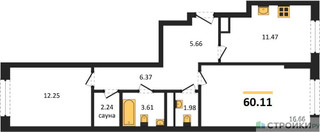 Планировка двухкомнатной(квартира) площадью 60.11 квадратных метров в “ЖК Дюна”