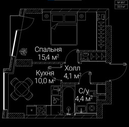 Планировка однокомнатной(квартира) площадью 33.9 квадратных метров в ЖК “ЖК СЕЗАР БУДУЩЕЕ”