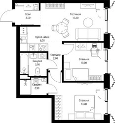 Планировка двухкомнатной(квартира) площадью 56.1 квадратных метров в ЖК “ЖК СЕТ”
