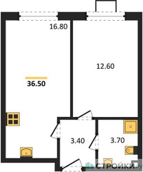 Планировка однокомнатной(квартира) площадью 36.5 квадратных метров в ЖК “ЖК Лучи-2”