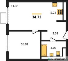 Планировка однокомнатной(квартира) площадью 34.72 квадратных метров в “ЖК Горки Парк”