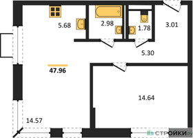 Планировка однокомнатной(квартира) площадью 47.96 квадратных метров в “ЖК Богдановский Лес”