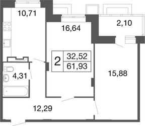 Планировка двухкомнатной(квартира) площадью 61.9 квадратных метров в ЖК “ЖК Времена года”