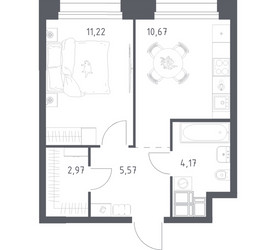 Планировка однокомнатной(апартаменты) площадью 34.6 квадратных метров в ЖК “ЖК Апарт-отель Тропарево парк”