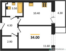 Планировка однокомнатной(квартира) площадью 34 квадратных метров в “ЖК Союзный”