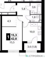 Планировка однокомнатной(квартира) площадью 42.8 квадратных метров в “ЖК 1-й Ясеневский (Первый Ясеневский)”