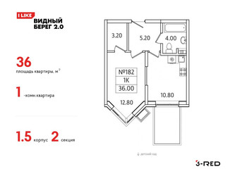 Планировка однокомнатной(квартира) площадью 36 квадратных метров в ЖК “ЖК Видный берег 2”