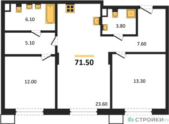 Планировка двухкомнатной(квартира) площадью 71.5 квадратных метров в ЖК “ЖК Резиденции Сколково”