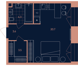 Планировка однокомнатной(квартира) площадью 32.2 квадратных метров в ЖК “Квартал Эра”
