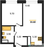Планировка однокомнатной(квартира) площадью 33.6 квадратных метров в “ЖК Ольховый Квартал”