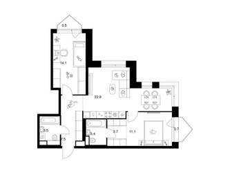 Планировка двухкомнатной(квартира) площадью 67.4 квадратных метров в ЖК “ЖК Строгино 360”