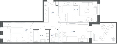 Планировка трехкомнатной(квартира) площадью 58.6 квадратных метров в ЖК “ЖК Равновесие”
