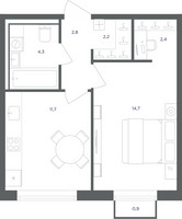 Планировка однокомнатной(квартира) площадью 38.4 квадратных метров в “ЖК Равновесие”
