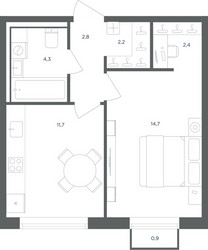 Планировка однокомнатной(квартира) площадью 38.4 квадратных метров в ЖК “ЖК Равновесие”