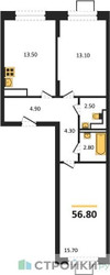 Планировка двухкомнатной(квартира) площадью 56.8 квадратных метров в ЖК “ЖК Мытищи Парк”