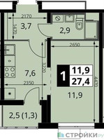 Планировка однокомнатной(квартира) площадью 27.4 квадратных метров в “ЖК ЮЖНАЯ БИТЦА”
