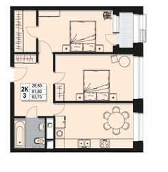 Планировка двухкомнатной(квартира) площадью 61.8 квадратных метров в ЖК “ЖК Атлантис”