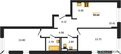 Планировка двухкомнатной(квартира) площадью 59.64 квадратных метров в ЖК “ЖК Квартал Марьино”