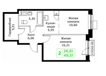 Планировка двухкомнатной(квартира) площадью 49.51 квадратных метров в ЖК “ЖК КИТ 2”