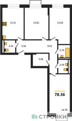 Планировка трехкомнатной(квартира) площадью 78.36 квадратных метров в ЖК “ЖК Мытищи Парк”