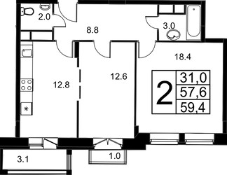 Планировка двухкомнатной(квартира) площадью 59.4 квадратных метров в “ЖК Город-событие Лайково”