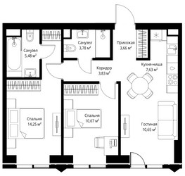 Планировка двухкомнатной(апартаменты) площадью 59.95 квадратных метров в ЖК “ЖК JOIS (Джойс)”