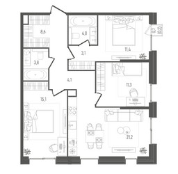 Планировка трехкомнатной(квартира) площадью 82.8 квадратных метров в ЖК “ЖК Pave (Пэйв)”