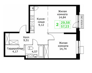 Планировка двухкомнатной(квартира) площадью 57.23 квадратных метров в ЖК “ЖК КИТ 2”