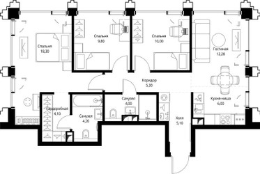 Планировка трехкомнатной(квартира) площадью 79.3 квадратных метров в ЖК “ЖК СЕТ”