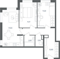 Планировка трехкомнатной(квартира) площадью 57.4 квадратных метров в “ЖК Равновесие”