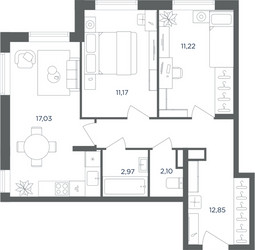 Планировка трехкомнатной(квартира) площадью 57.4 квадратных метров в ЖК “ЖК Равновесие”
