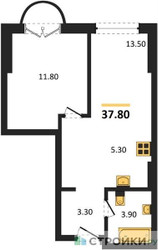 Планировка однокомнатной(квартира) площадью 37.8 квадратных метров в ЖК “ЖК Новые смыслы”