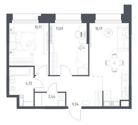 Планировка двухкомнатной(апартаменты) площадью 55.07 квадратных метров в ЖК “ЖК Апарт-отель Тропарево парк”