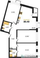 Планировка трехкомнатной(квартира) площадью 80.4 квадратных метров в “ЖК Прокшино”