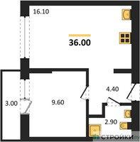 Планировка однокомнатной(квартира) площадью 36 квадратных метров в “ЖК Первый квартал”