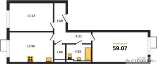 Планировка двухкомнатной(квартира) площадью 59.07 квадратных метров в “ЖК Горки Парк”