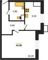 Планировка однокомнатной(квартира) площадью 43.9 квадратных метров в “ЖК Парк Легенд 2”