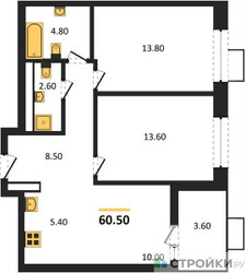 Планировка двухкомнатной(квартира) площадью 60.5 квадратных метров в ЖК “ЖК Бунинские кварталы”